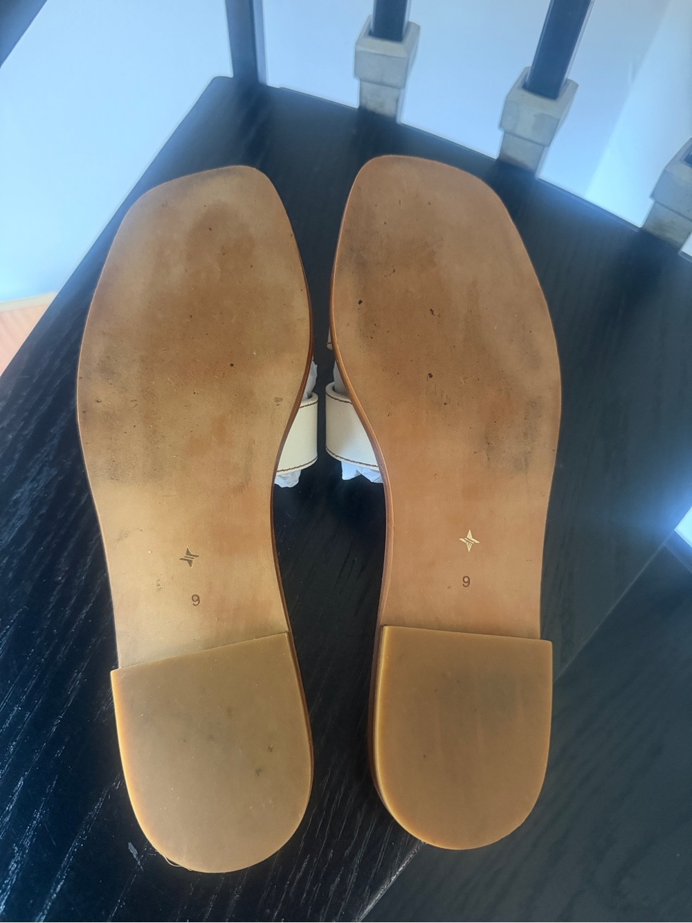 Tuckernuck White Leather Slide Sandals with Tan Sole Edge - Picture 5 of 7
